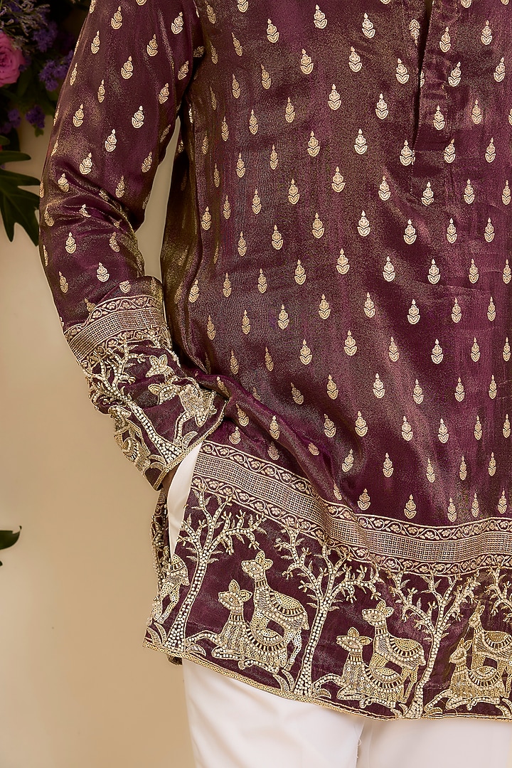 Wine Brocade Tissue Hand Embroidered Short Kurta by Kasbah Clothing at Pernia's Pop Up Shop