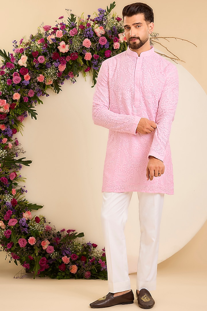 Pink Georgette Threadwork Chikankari Short Kurta by Kasbah Clothing at Pernia's Pop Up Shop