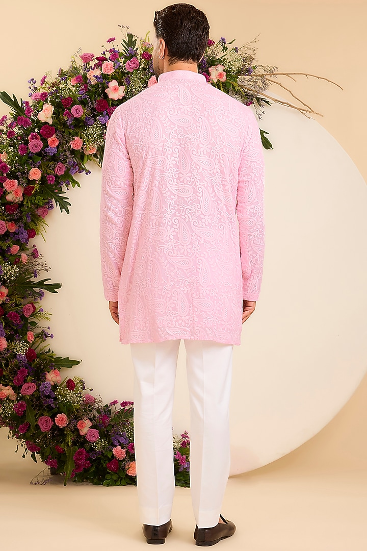 Pink Georgette Threadwork Chikankari Short Kurta by Kasbah Clothing at Pernia's Pop Up Shop