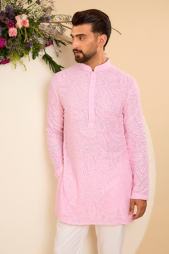 Pink Georgette Threadwork Chikankari Short Kurta by Kasbah Clothing at Pernia's Pop Up Shop