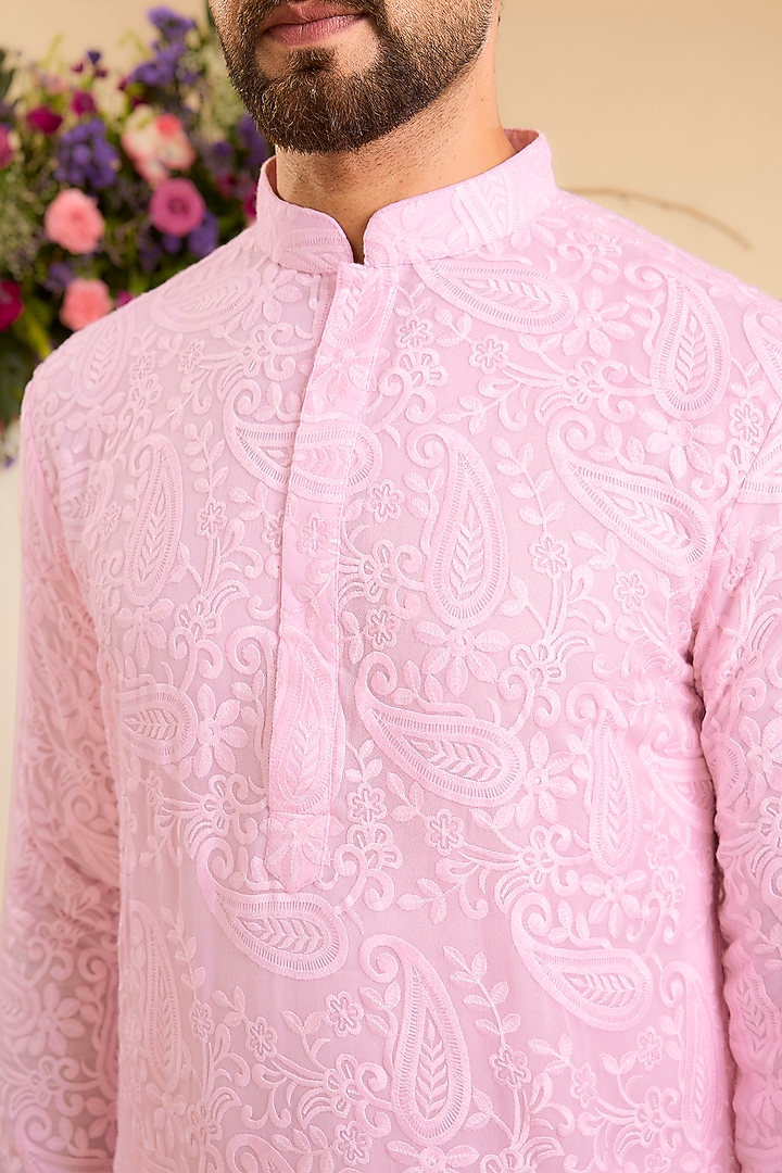 Pink Georgette Threadwork Chikankari Short Kurta by Kasbah Clothing at Pernia's Pop Up Shop