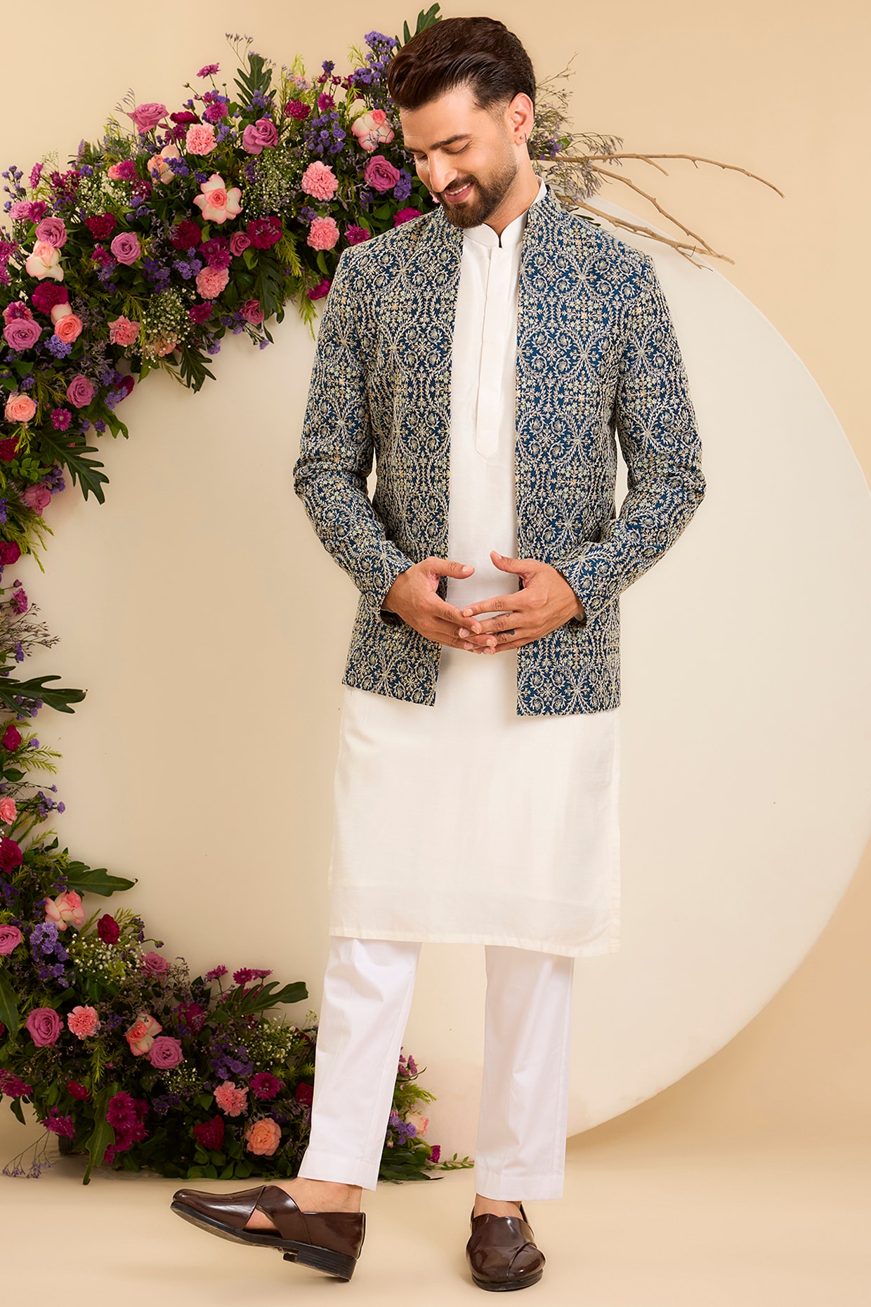 Kasbah Clothing Blue Chanderi Embroidered Open-Front Bandhgala