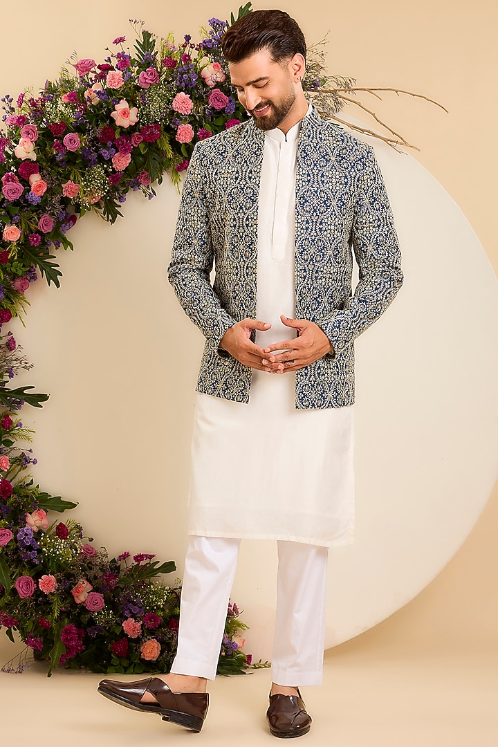 Blue Chanderi Embroidered Open-Front Wedding Bandhgala by Kasbah Clothing at Pernia's Pop Up Shop
