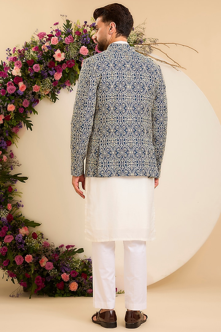 Blue Chanderi Embroidered Open-Front Wedding Bandhgala by Kasbah Clothing at Pernia's Pop Up Shop