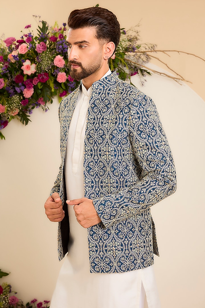 Blue Chanderi Embroidered Open-Front Wedding Bandhgala by Kasbah Clothing at Pernia's Pop Up Shop