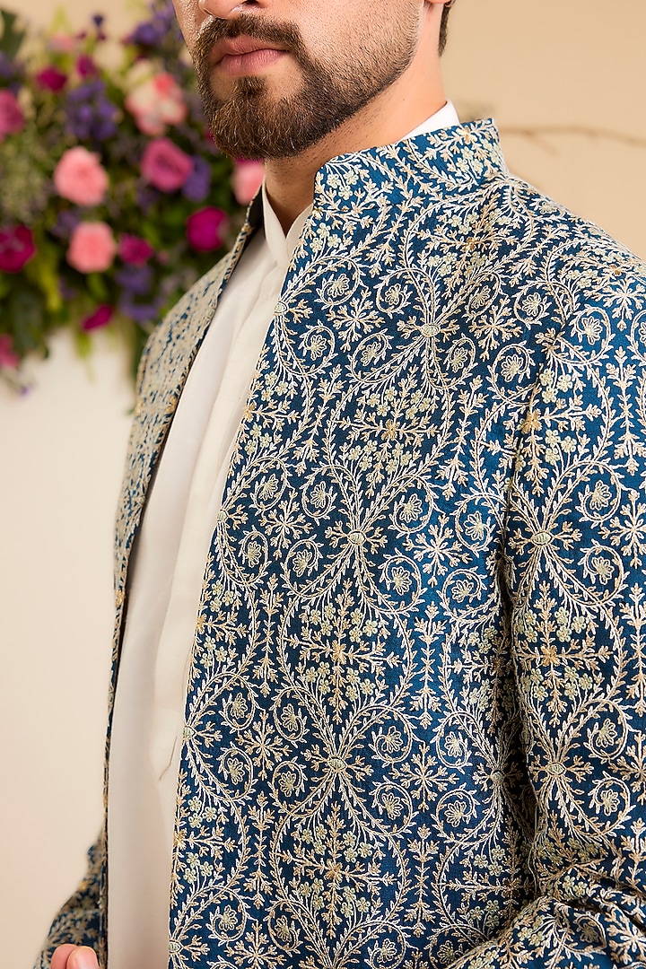 Blue Chanderi Embroidered Open-Front Wedding Bandhgala by Kasbah Clothing at Pernia's Pop Up Shop