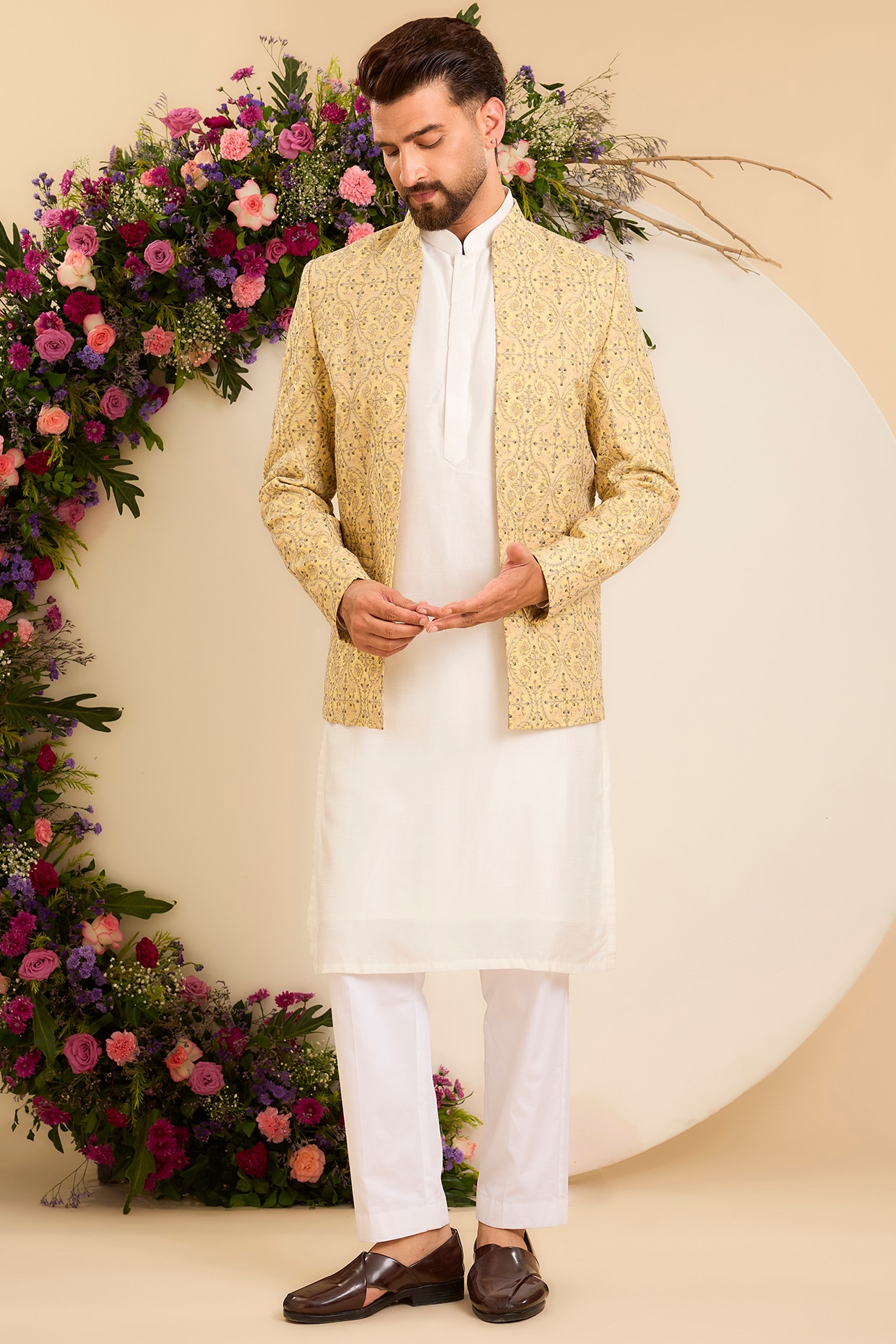 Kasbah Clothing Yellow Chanderi Embroidered Open-Front Bandhgala