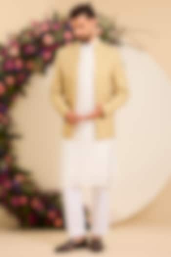 Yellow Chanderi Embroidered Open-Front Wedding Bandhgala by Kasbah Clothing at Pernia's Pop Up Shop