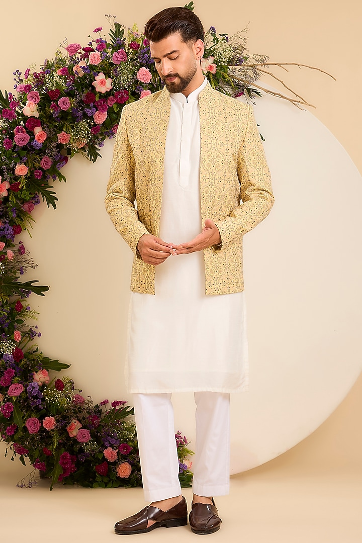 Yellow Chanderi Embroidered Open-Front Wedding Bandhgala by Kasbah Clothing at Pernia's Pop Up Shop