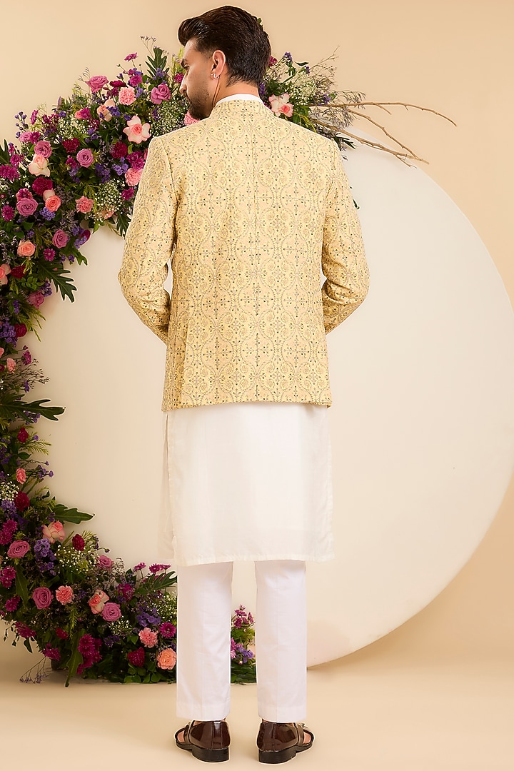 Yellow Chanderi Embroidered Open-Front Wedding Bandhgala by Kasbah Clothing at Pernia's Pop Up Shop