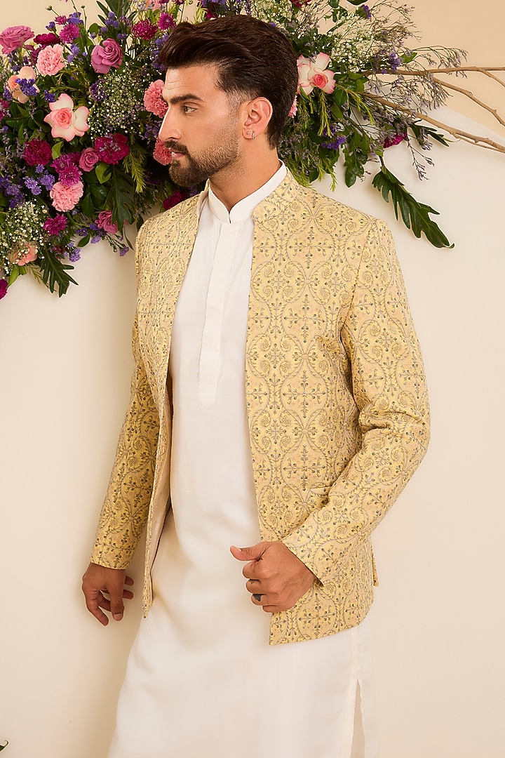 Yellow Chanderi Embroidered Open-Front Wedding Bandhgala by Kasbah Clothing at Pernia's Pop Up Shop