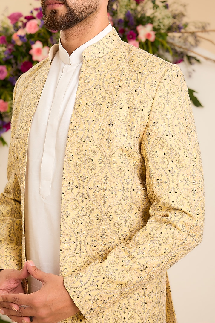 Yellow Chanderi Embroidered Open-Front Wedding Bandhgala by Kasbah Clothing at Pernia's Pop Up Shop