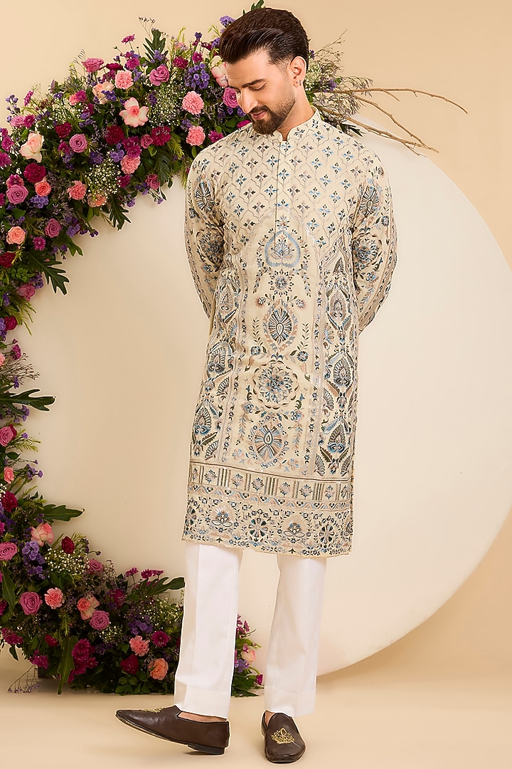 Cream-Beige Georgette Threadwork Kurta by Kasbah Clothing at Pernia's Pop Up Shop