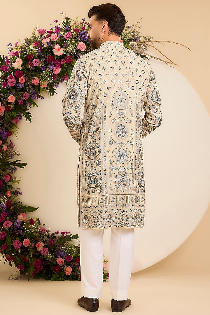 Cream-Beige Georgette Threadwork Kurta by Kasbah Clothing at Pernia's Pop Up Shop