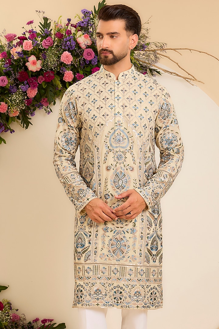 Cream-Beige Georgette Threadwork Kurta by Kasbah Clothing at Pernia's Pop Up Shop