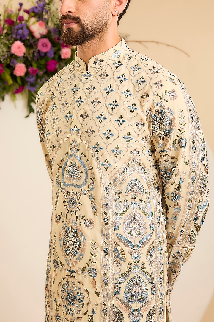 Cream-Beige Georgette Threadwork Kurta by Kasbah Clothing at Pernia's Pop Up Shop
