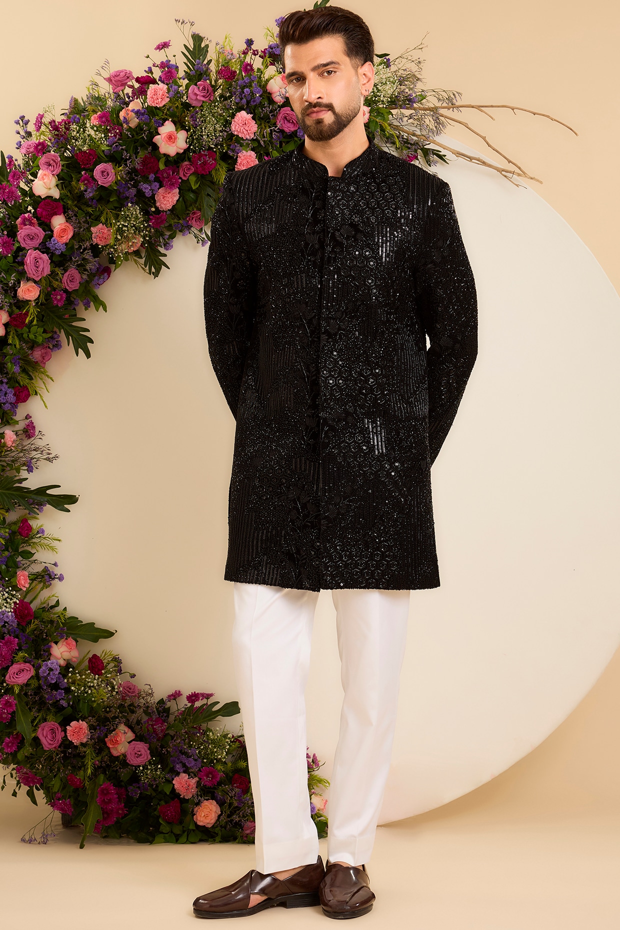 Kasbah Clothing Black Velvet Hand Embroidered Short Sherwani