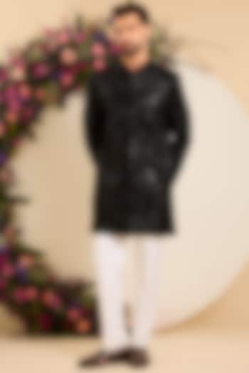 Black Velvet Hand Embroidered Short Wedding Sherwani by Kasbah Clothing at Pernia's Pop Up Shop