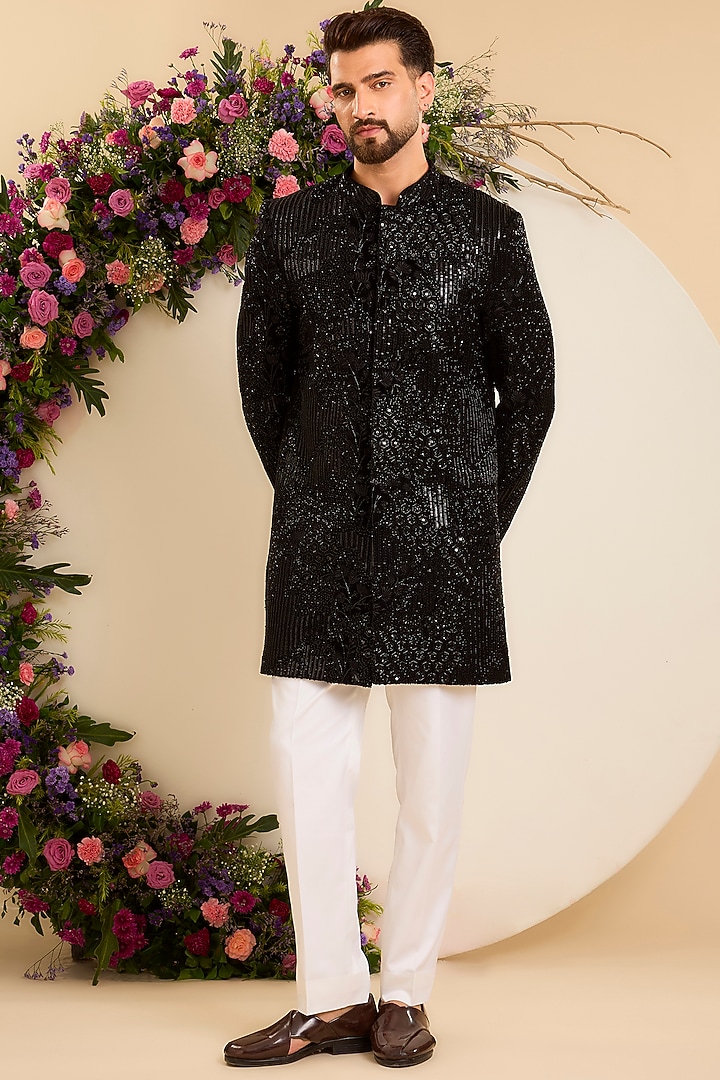 Black Velvet Hand Embroidered Short Wedding Sherwani by Kasbah Clothing at Pernia's Pop Up Shop