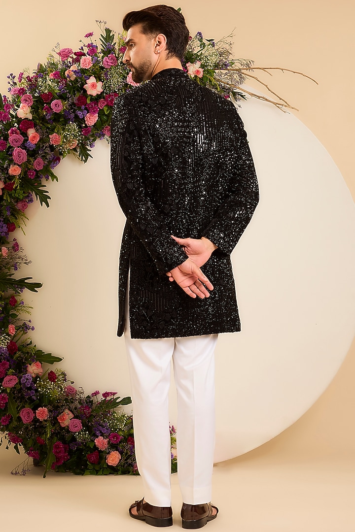 Black Velvet Hand Embroidered Short Wedding Sherwani by Kasbah Clothing at Pernia's Pop Up Shop