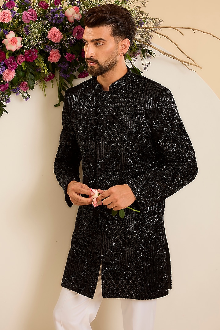 Black Velvet Hand Embroidered Short Wedding Sherwani by Kasbah Clothing at Pernia's Pop Up Shop