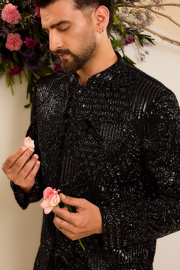 Black Velvet Hand Embroidered Short Wedding Sherwani by Kasbah Clothing at Pernia's Pop Up Shop