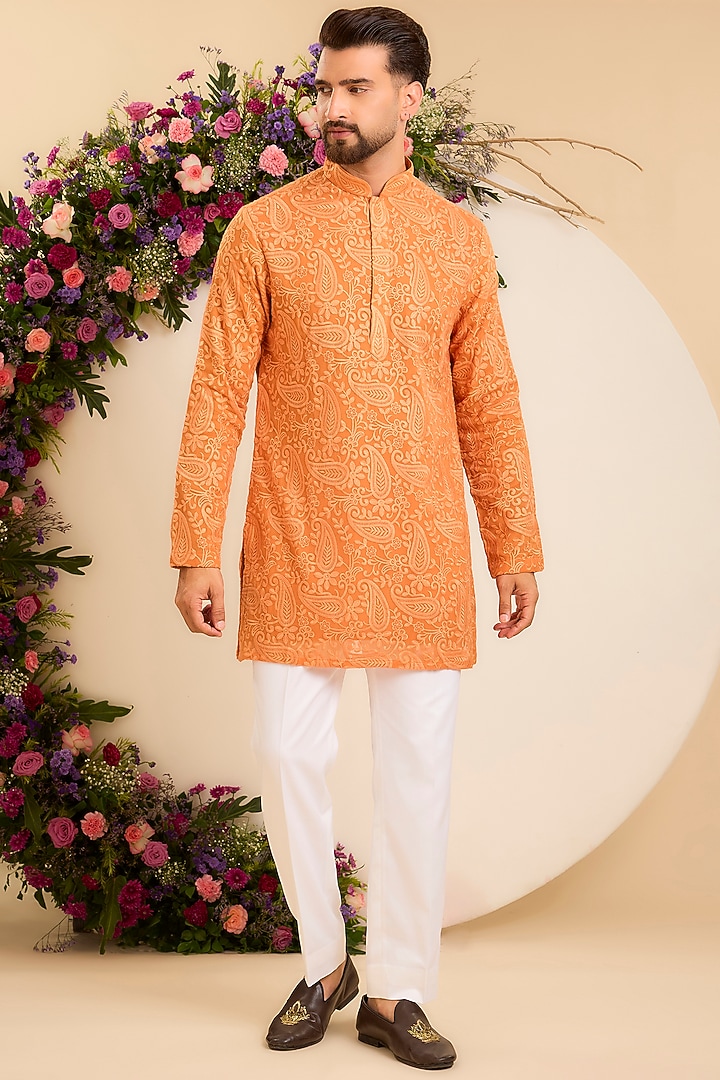 Orange Georgette Threadwork Chikankari Short Kurta by Kasbah Clothing at Pernia's Pop Up Shop