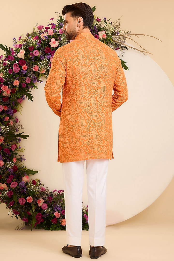 Orange Georgette Threadwork Chikankari Short Kurta by Kasbah Clothing at Pernia's Pop Up Shop