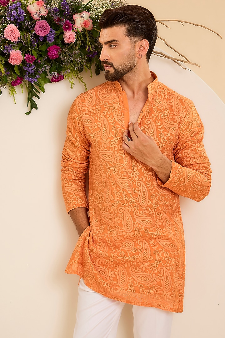 Orange Georgette Threadwork Chikankari Short Kurta by Kasbah Clothing at Pernia's Pop Up Shop
