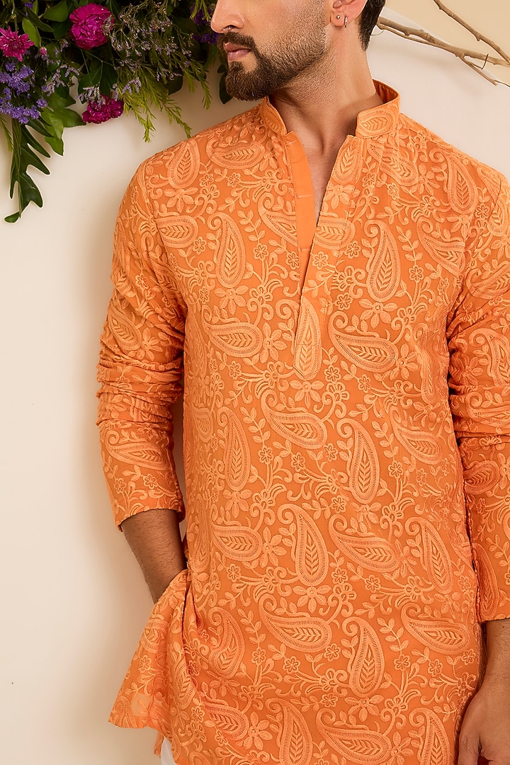 Orange Georgette Threadwork Chikankari Short Kurta by Kasbah Clothing at Pernia's Pop Up Shop