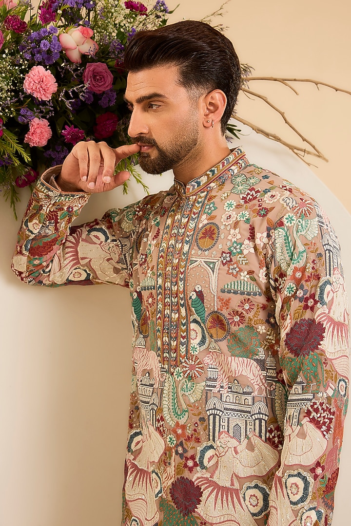 Mouse-Grey Georgette Threadwork Kurta by Kasbah Clothing at Pernia's Pop Up Shop