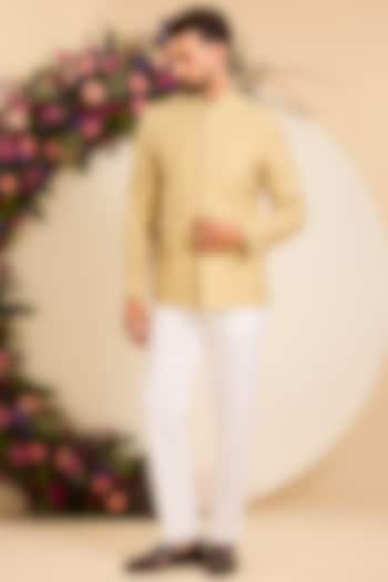 Yellow Chanderi Embroidered Wedding Bandhgala by Kasbah Clothing at Pernia's Pop Up Shop