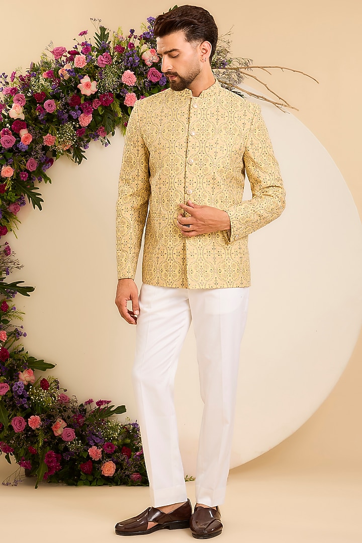 Yellow Chanderi Embroidered Wedding Bandhgala by Kasbah Clothing at Pernia's Pop Up Shop