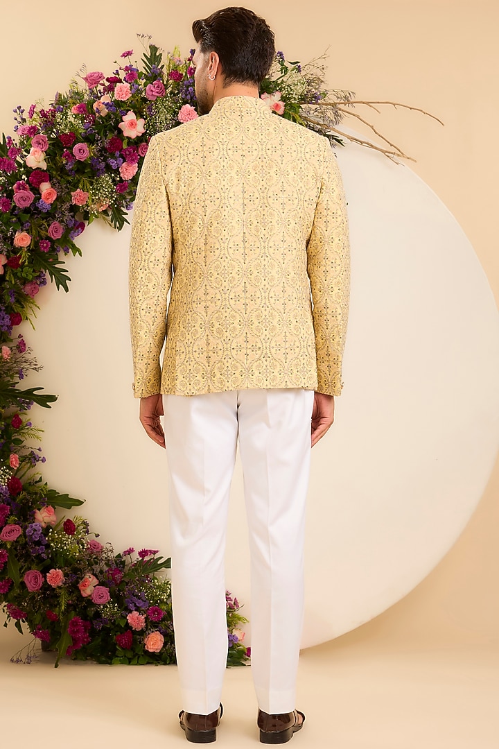 Yellow Chanderi Embroidered Wedding Bandhgala by Kasbah Clothing at Pernia's Pop Up Shop