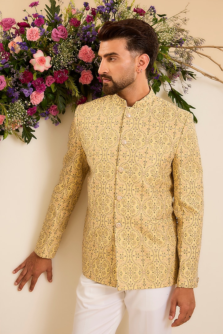 Yellow Chanderi Embroidered Wedding Bandhgala by Kasbah Clothing at Pernia's Pop Up Shop