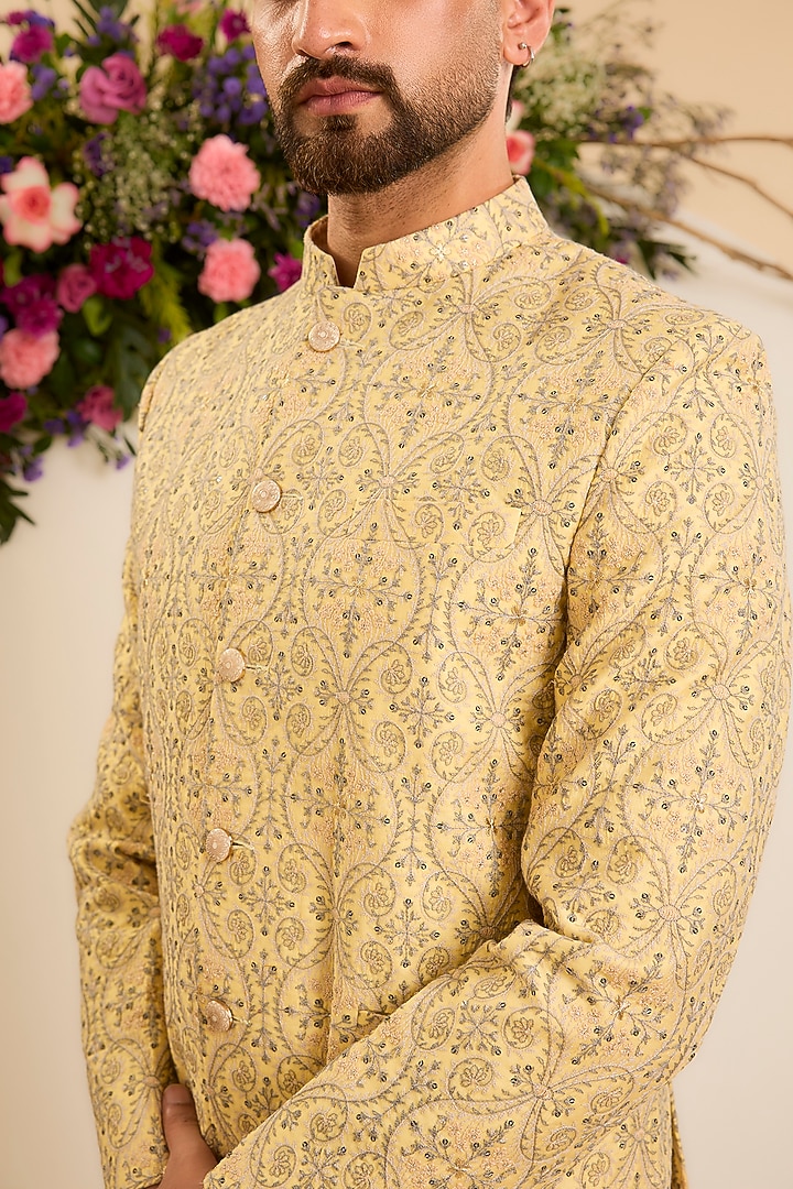 Yellow Chanderi Embroidered Wedding Bandhgala by Kasbah Clothing at Pernia's Pop Up Shop