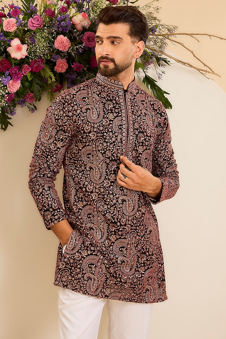 Black Georgette Embroidered Short Kurta by Kasbah Clothing at Pernia's Pop Up Shop