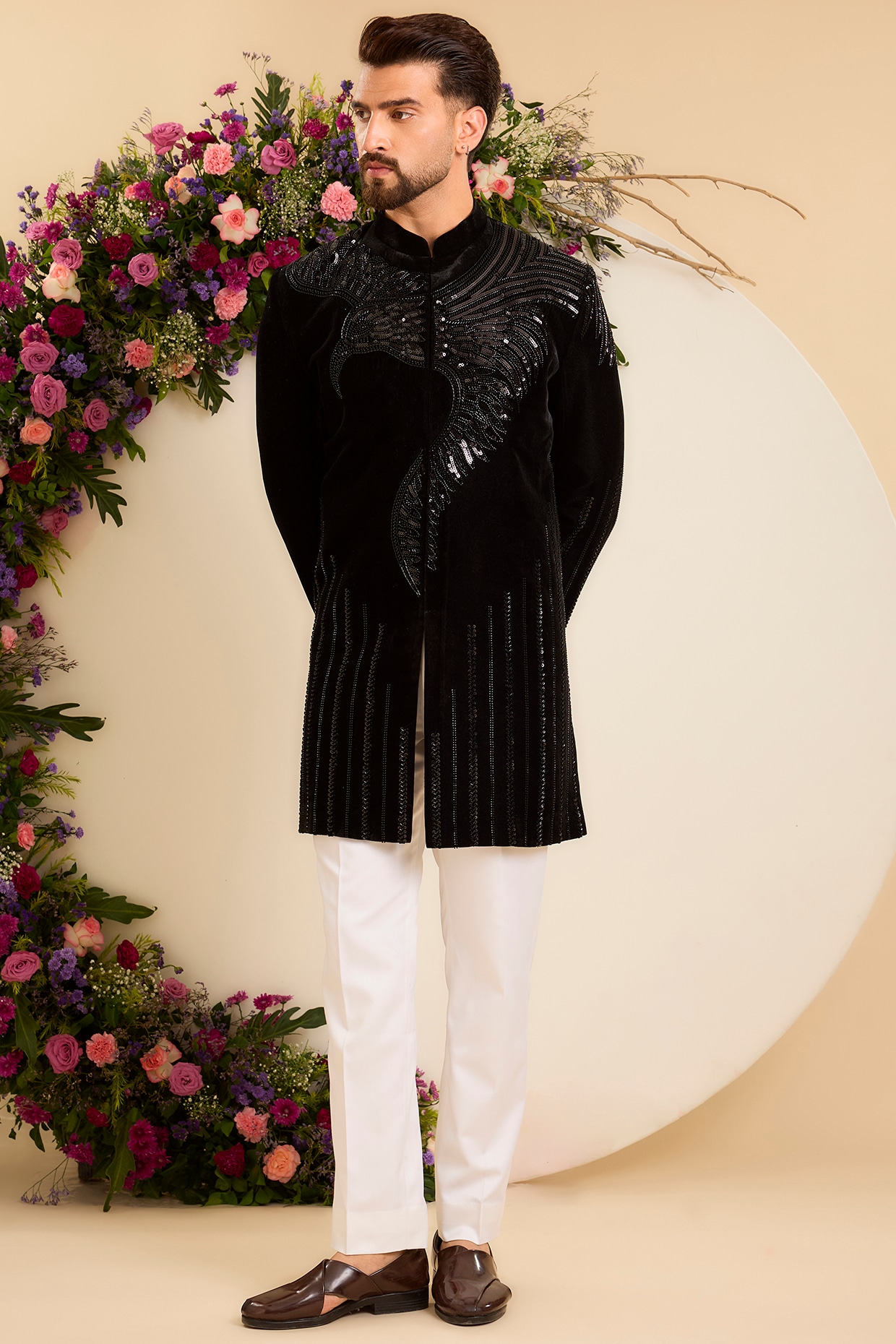 Kasbah Clothing Black Velvet Cutdana Embroidered Indowestern