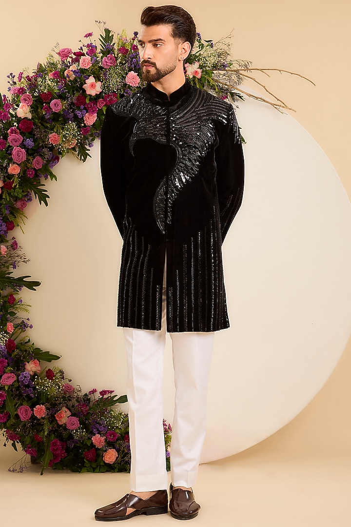 Black Velvet Cutdana Embroidered Wedding Indowestern by Kasbah Clothing at Pernia's Pop Up Shop