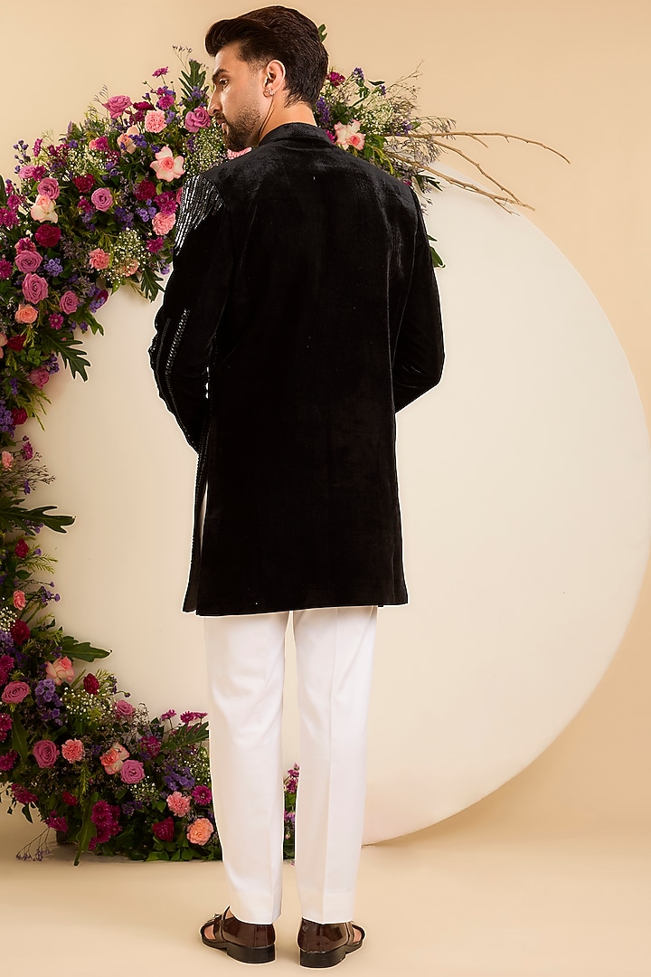 Black Velvet Cutdana Embroidered Wedding Indowestern by Kasbah Clothing at Pernia's Pop Up Shop