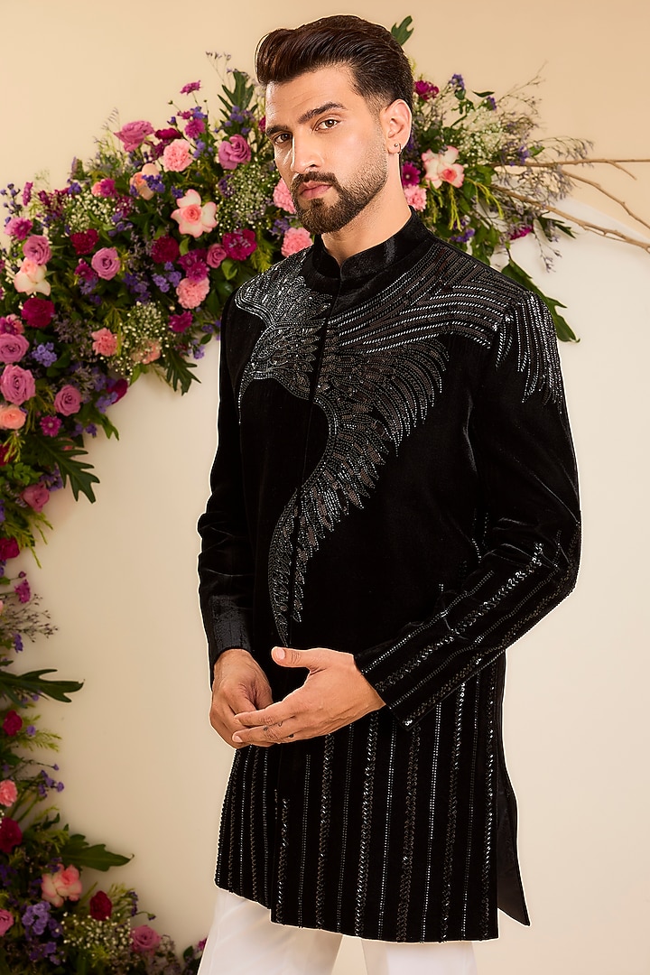 Black Velvet Cutdana Embroidered Wedding Indowestern by Kasbah Clothing at Pernia's Pop Up Shop