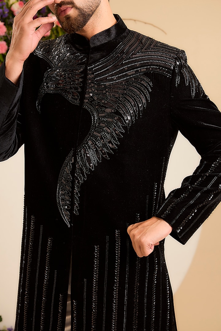 Black Velvet Cutdana Embroidered Wedding Indowestern by Kasbah Clothing at Pernia's Pop Up Shop