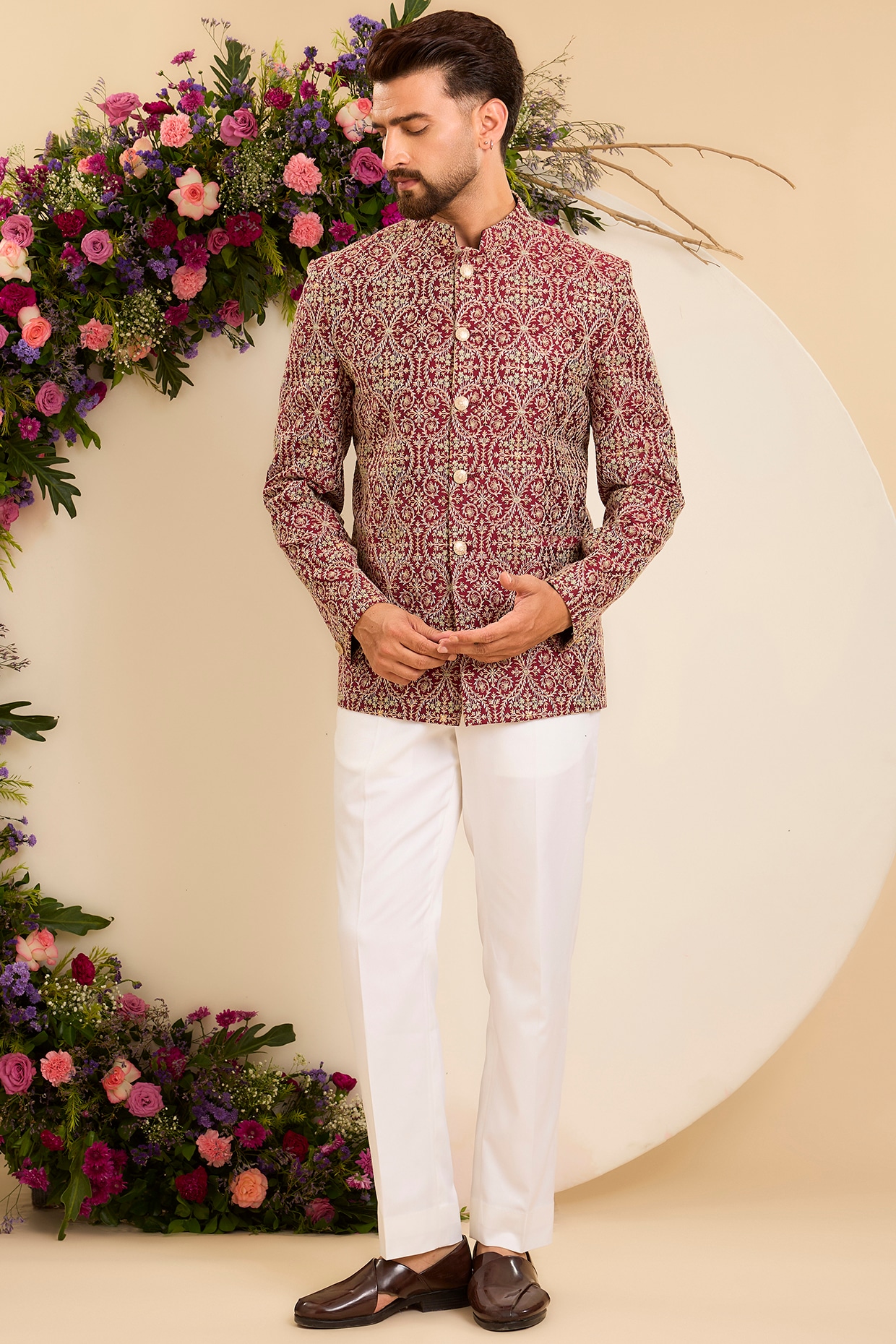 Kasbah Clothing Maroon Chanderi Embroidered Bandhgala