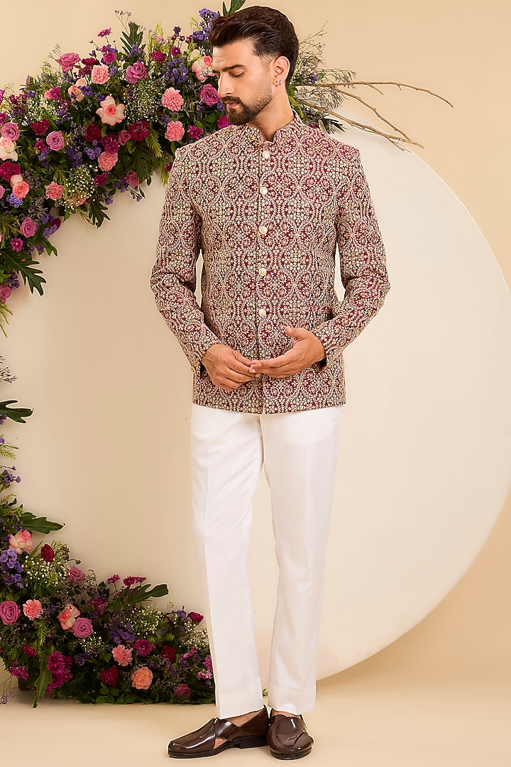 Maroon Chanderi Embroidered Wedding Bandhgala by Kasbah Clothing at Pernia's Pop Up Shop