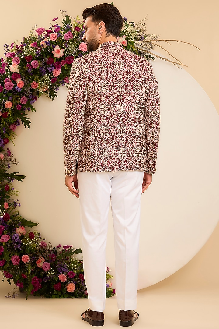 Maroon Chanderi Embroidered Wedding Bandhgala by Kasbah Clothing at Pernia's Pop Up Shop