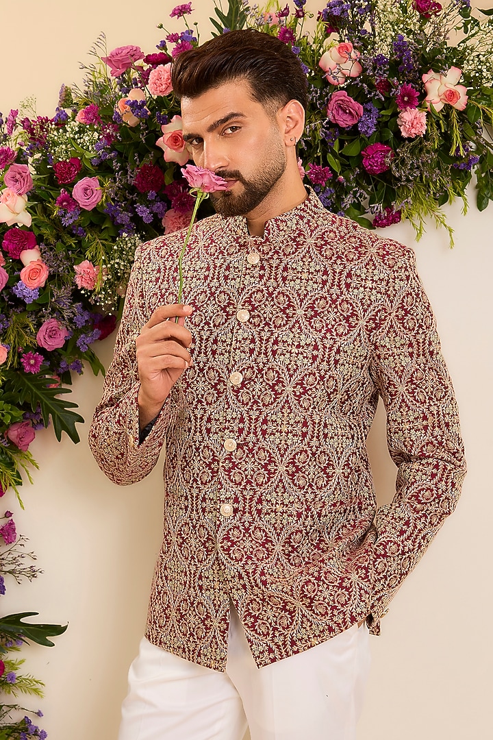 Maroon Chanderi Embroidered Wedding Bandhgala by Kasbah Clothing at Pernia's Pop Up Shop