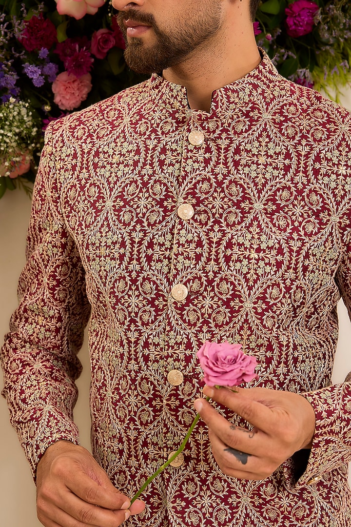 Maroon Chanderi Embroidered Wedding Bandhgala by Kasbah Clothing at Pernia's Pop Up Shop