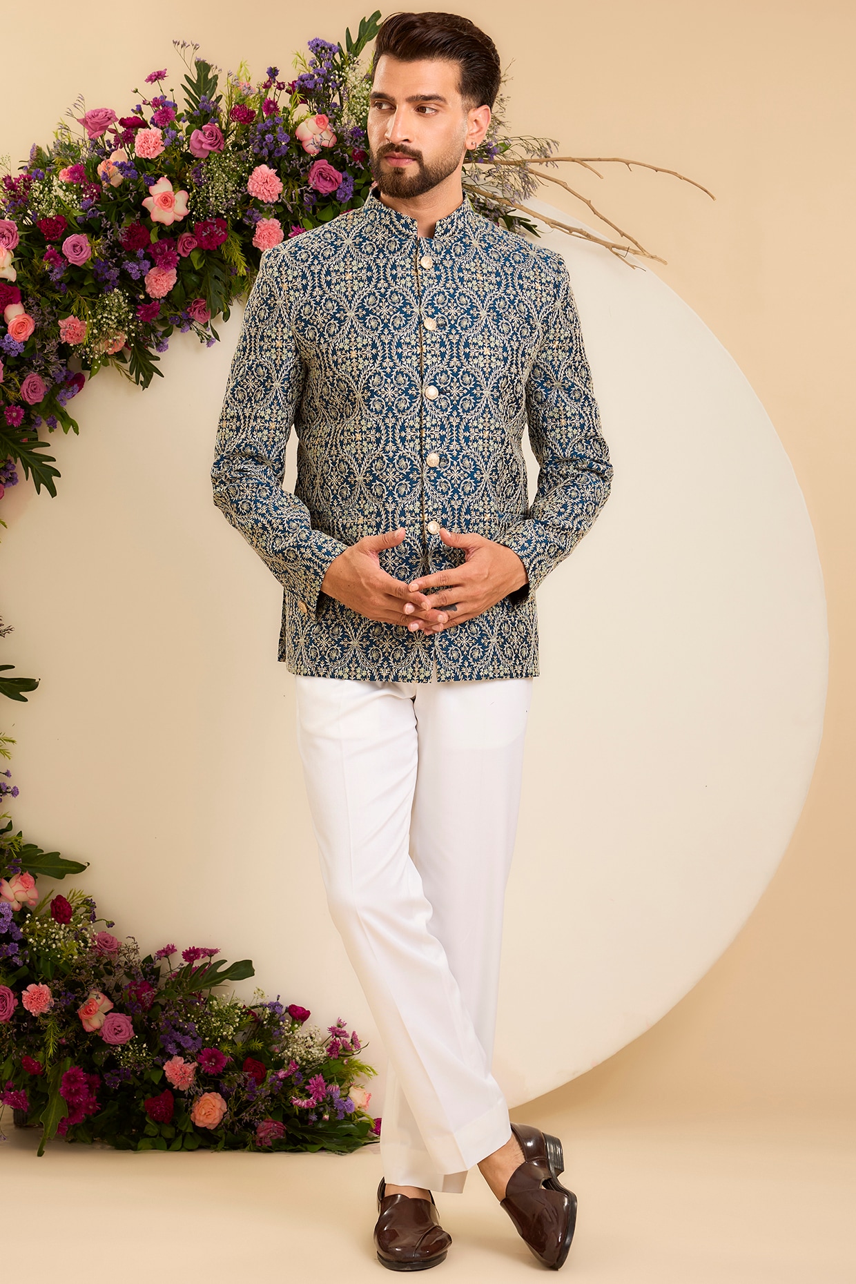 Kasbah Clothing Blue Chanderi Embroidered Bandhgala