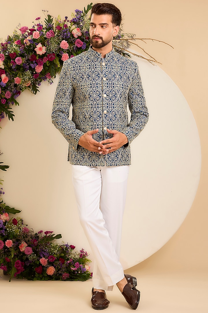 Blue Chanderi Embroidered Wedding Bandhgala by Kasbah Clothing at Pernia's Pop Up Shop