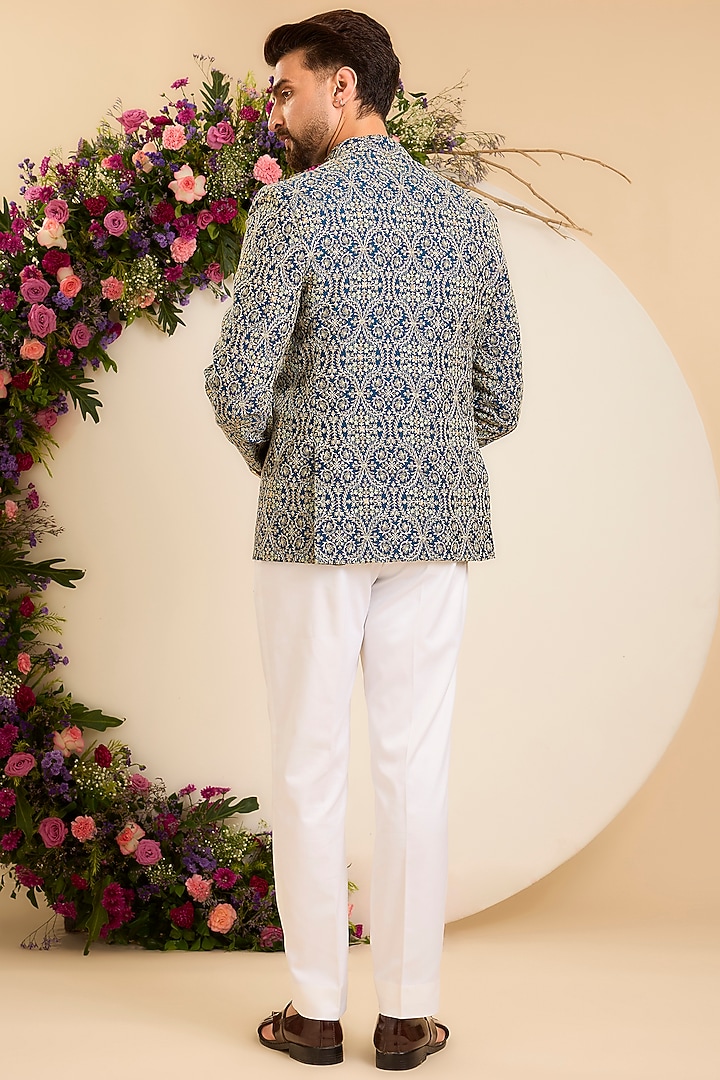 Blue Chanderi Embroidered Wedding Bandhgala by Kasbah Clothing at Pernia's Pop Up Shop